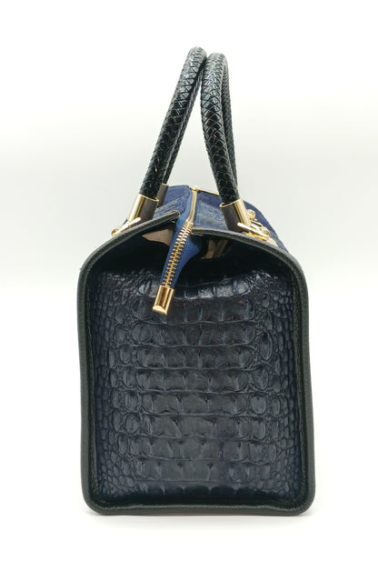 Genuine Suede  & Leather Croc Embossed Satchel Handbag - Dark Blue – Made In Italy