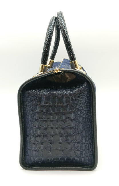 Genuine Suede  & Leather Croc Embossed Satchel Handbag - Dark Blue – Made In Italy