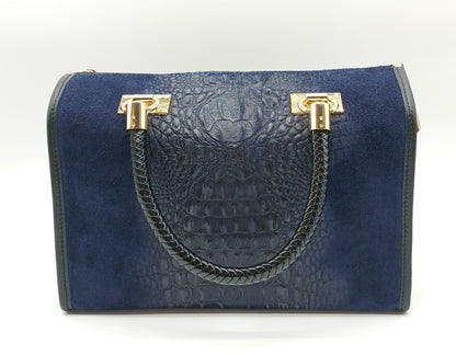 Genuine Suede  & Leather Croc Embossed Satchel Handbag - Dark Blue – Made In Italy