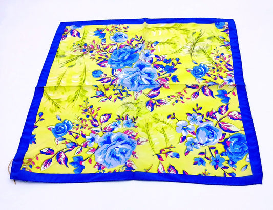 Silk Handkerchief/Neckerchief Blue Yellow Floral Square Scarf 17x17 – Made In Italy