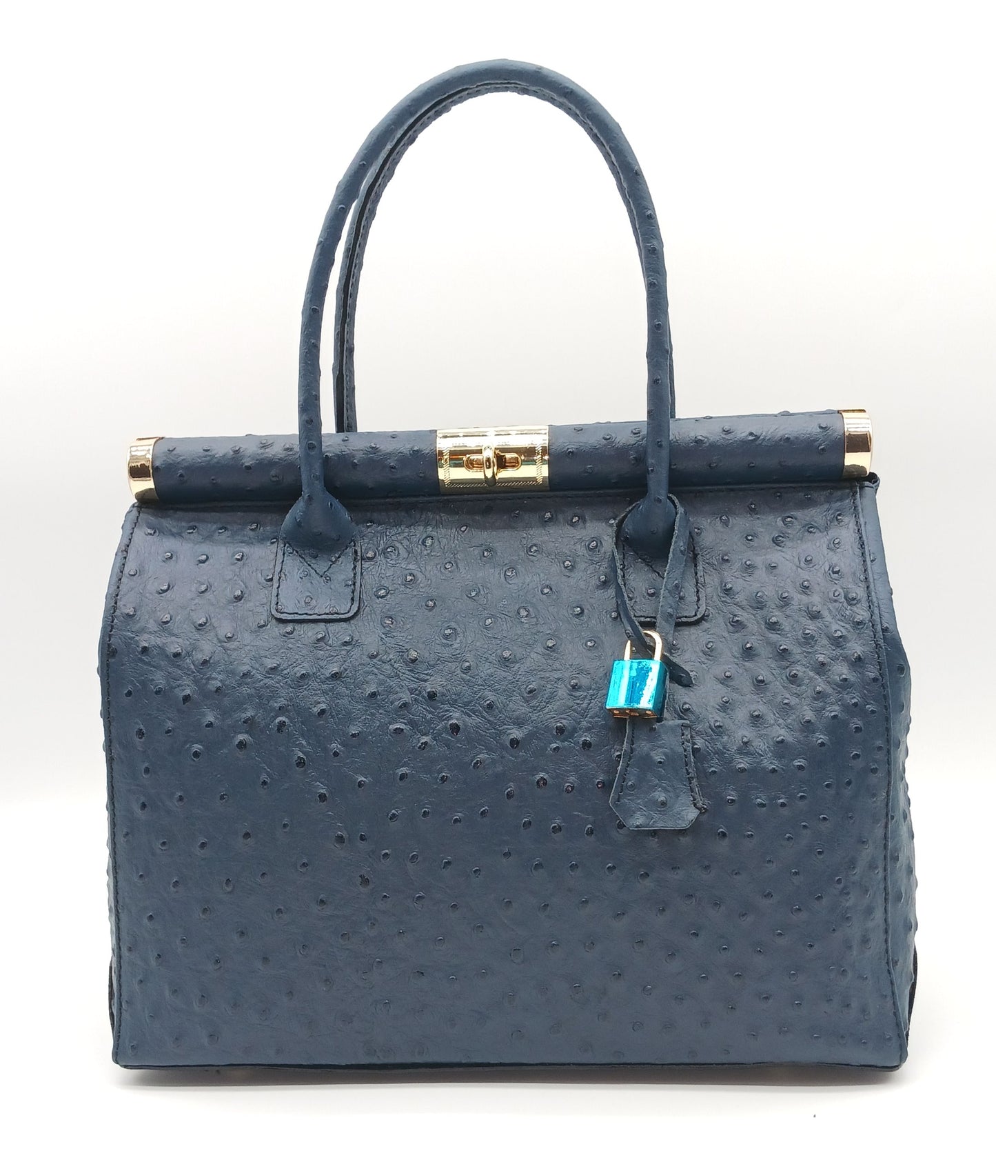 Lock & Key Genuine Ostrich Embossed Leather Handbag Satchel - Blue – Made In Italy