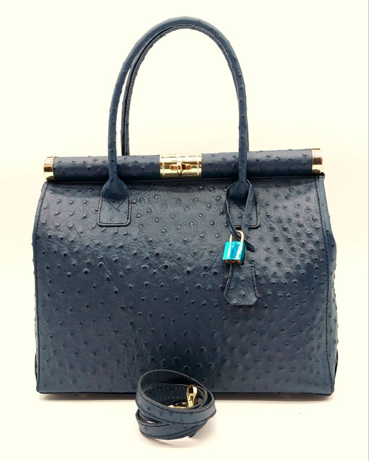 Lock & Key Genuine Ostrich Embossed Leather Handbag Satchel - Blue – Made In Italy