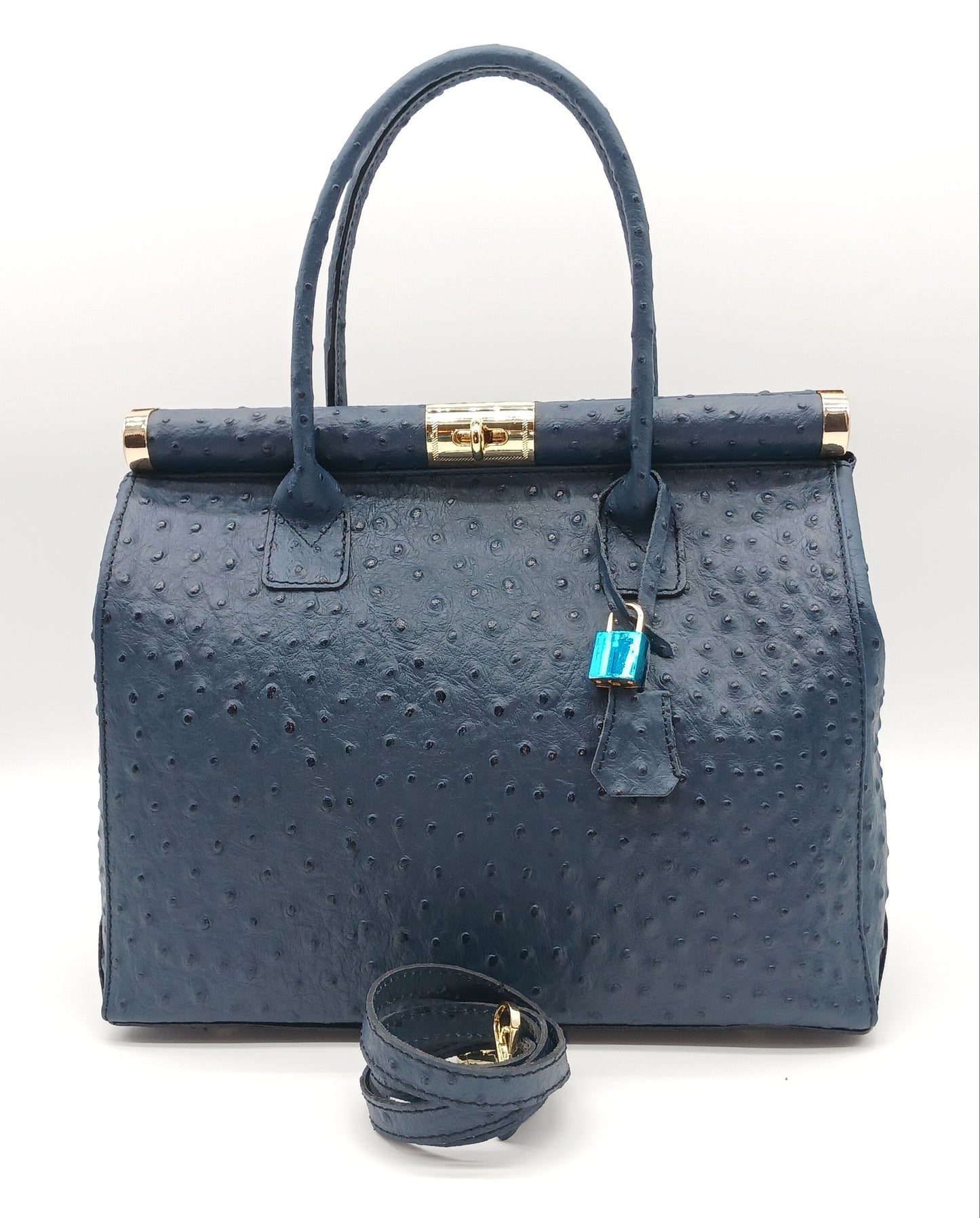 Lock & Key Genuine Ostrich Embossed Leather Handbag Satchel - Blue – Made In Italy