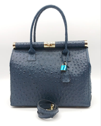 Lock & Key Genuine Ostrich Embossed Leather Handbag Satchel - Blue – Made In Italy
