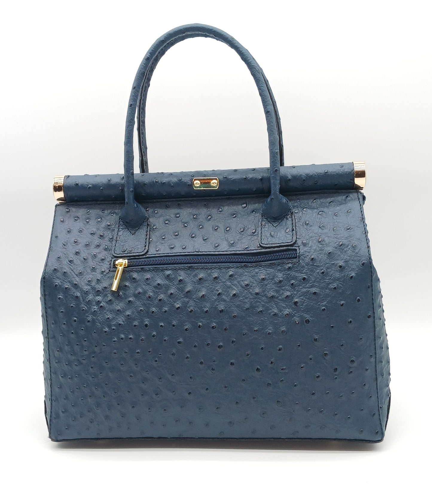 Lock & Key Genuine Ostrich Embossed Leather Handbag Satchel - Blue – Made In Italy