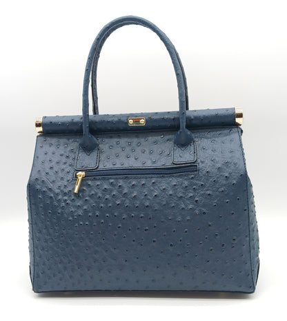 Lock & Key Genuine Ostrich Embossed Leather Handbag Satchel - Blue – Made In Italy