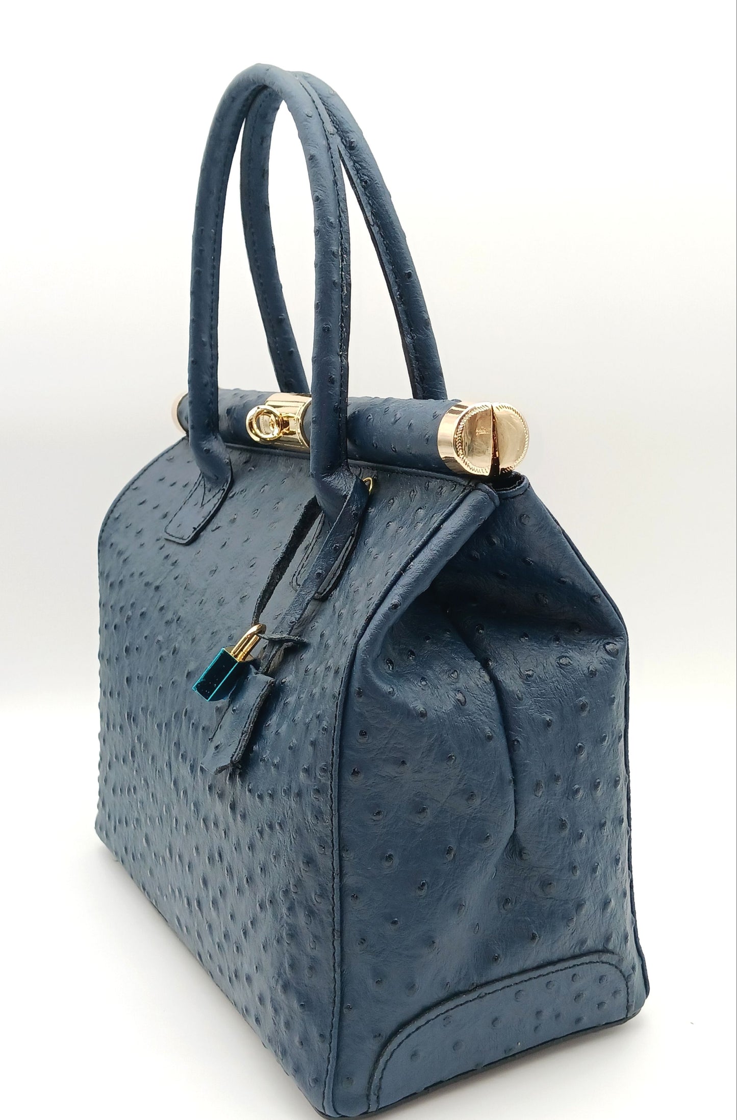 Lock & Key Genuine Ostrich Embossed Leather Handbag Satchel - Blue – Made In Italy