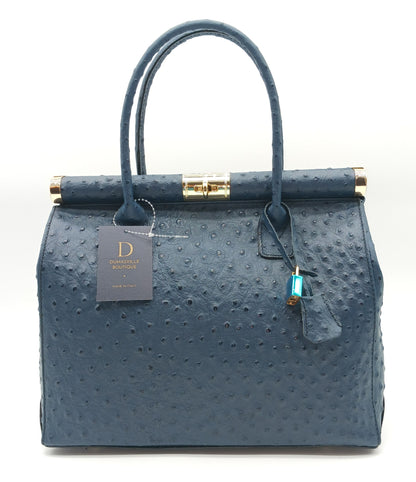 Lock & Key Genuine Ostrich Embossed Leather Handbag Satchel - Blue – Made In Italy