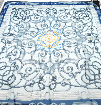 Ornamental Tassel Design Sheer Silk Square Scarf 31x31 – Made In Italy – Blue & White