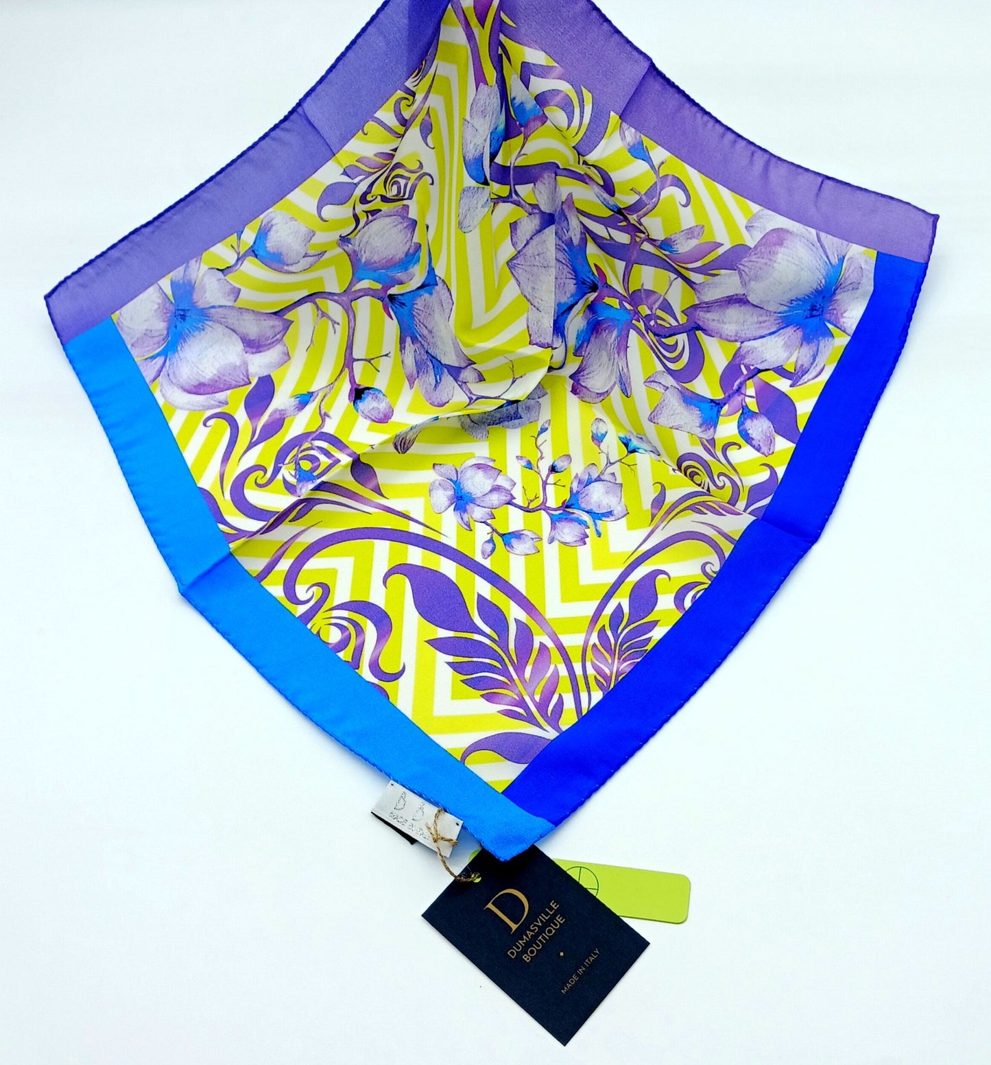 Italian Silk Handkerchief/Neckerchief Floral Square Scarf 17x17 – Made In Italy - Yellow, Blue, Purple