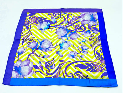 Italian Silk Handkerchief/Neckerchief Floral Square Scarf 17x17 – Made In Italy - Yellow, Blue, Purple