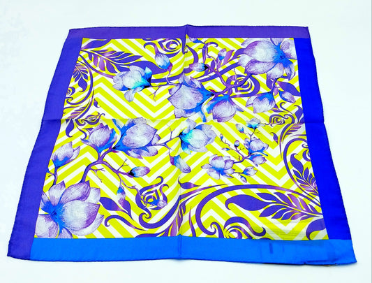 Italian Silk Handkerchief/Neckerchief Floral Square Scarf 17x17 – Made In Italy - Yellow, Blue, Purple