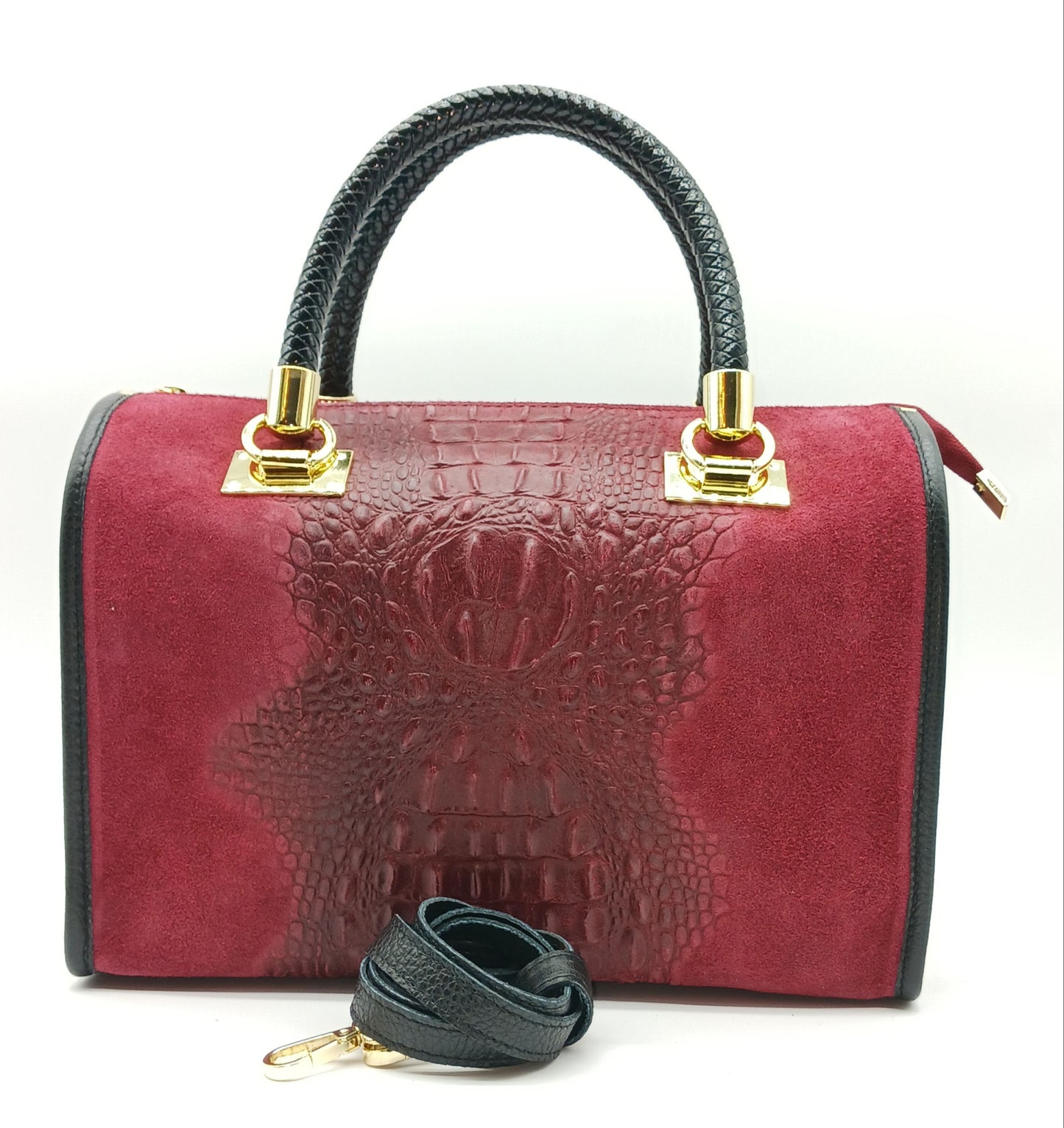 Genuine Suede & Leather Croc Embossed Satchel Handbag - Bordeaux – Made In Italy