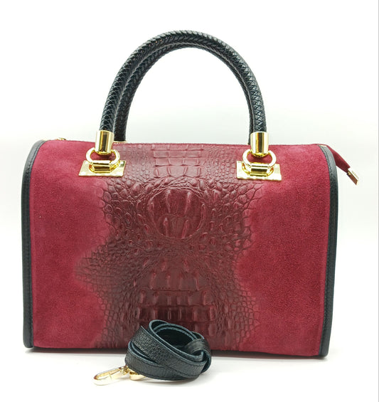 Genuine Suede & Leather Croc Embossed Satchel Handbag - Bordeaux – Made In Italy