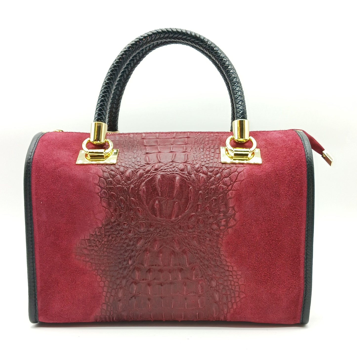 Genuine Suede & Leather Croc Embossed Satchel Handbag - Bordeaux – Made In Italy