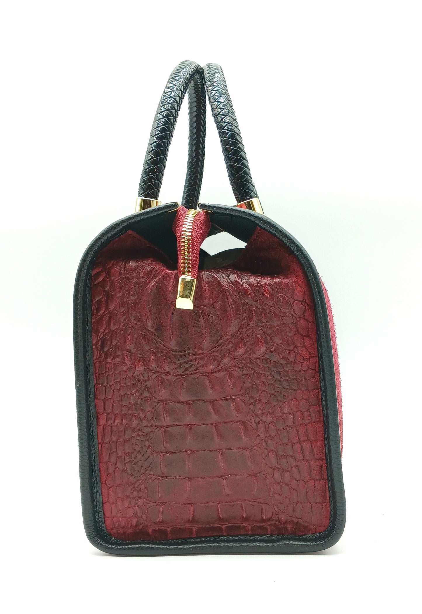 Genuine Suede & Leather Croc Embossed Satchel Handbag - Bordeaux – Made In Italy