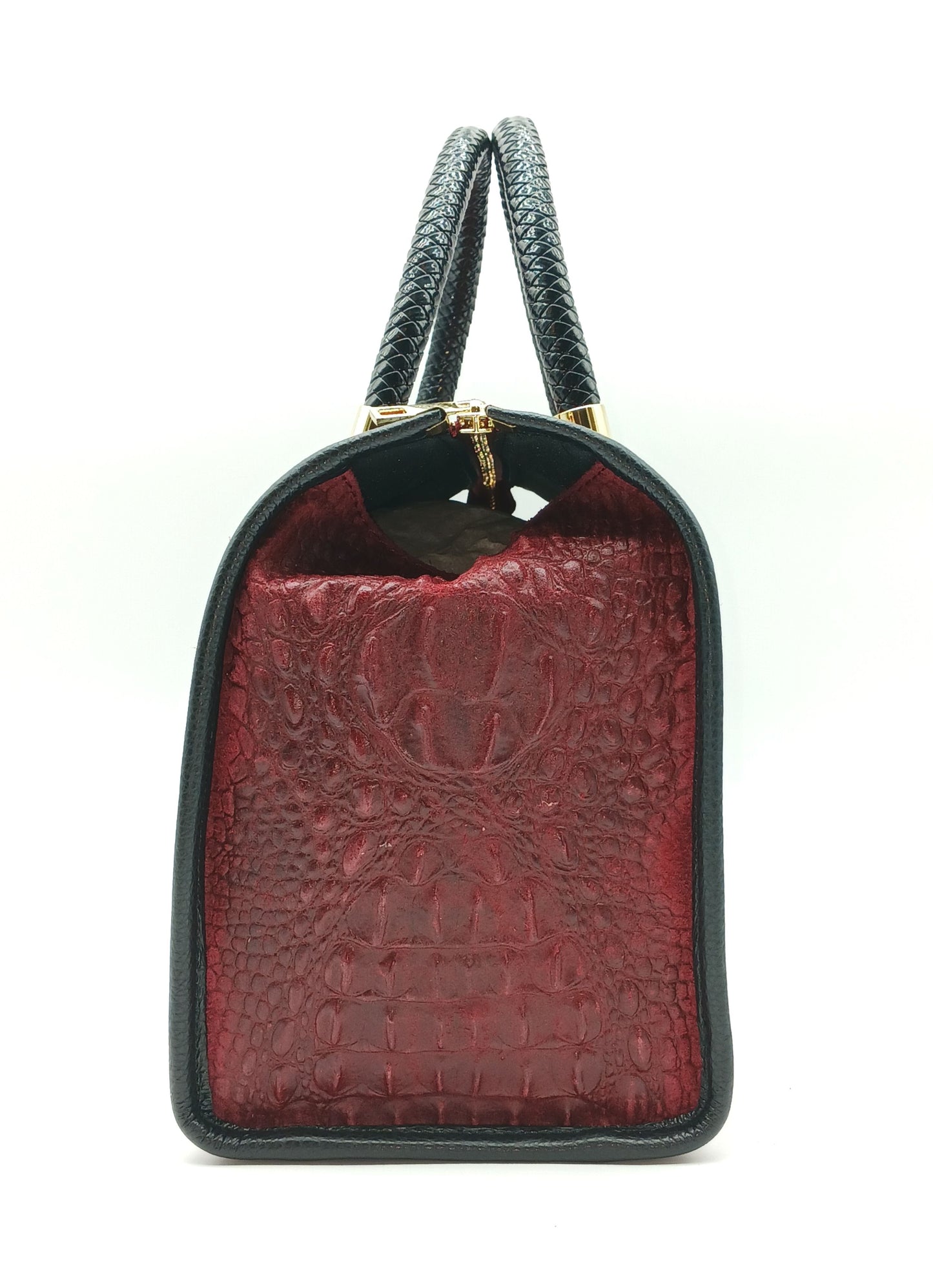 Genuine Suede & Leather Croc Embossed Satchel Handbag - Bordeaux – Made In Italy