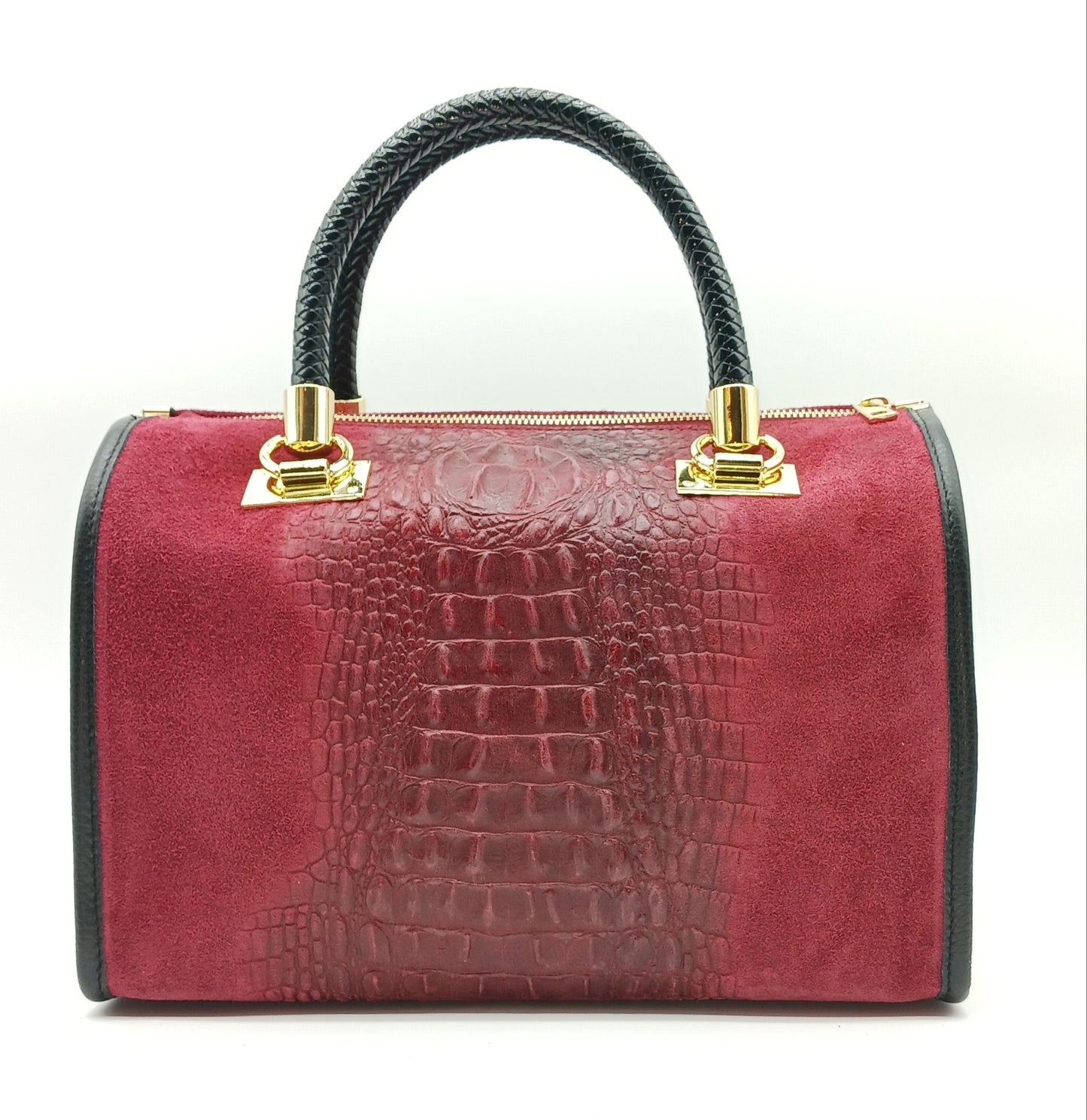 Genuine Suede & Leather Croc Embossed Satchel Handbag - Bordeaux – Made In Italy