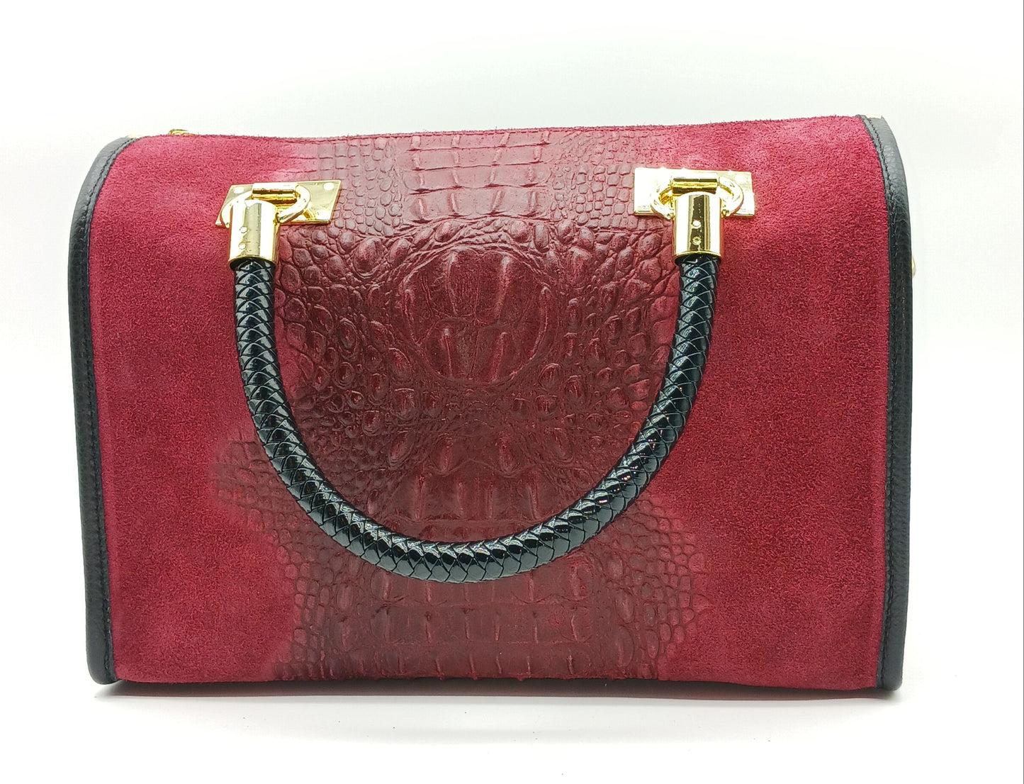 Genuine Suede & Leather Croc Embossed Satchel Handbag - Bordeaux – Made In Italy
