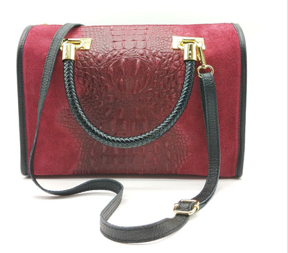 Genuine Suede & Leather Croc Embossed Satchel Handbag - Bordeaux – Made In Italy