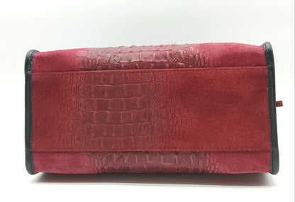 Genuine Suede & Leather Croc Embossed Satchel Handbag - Bordeaux – Made In Italy