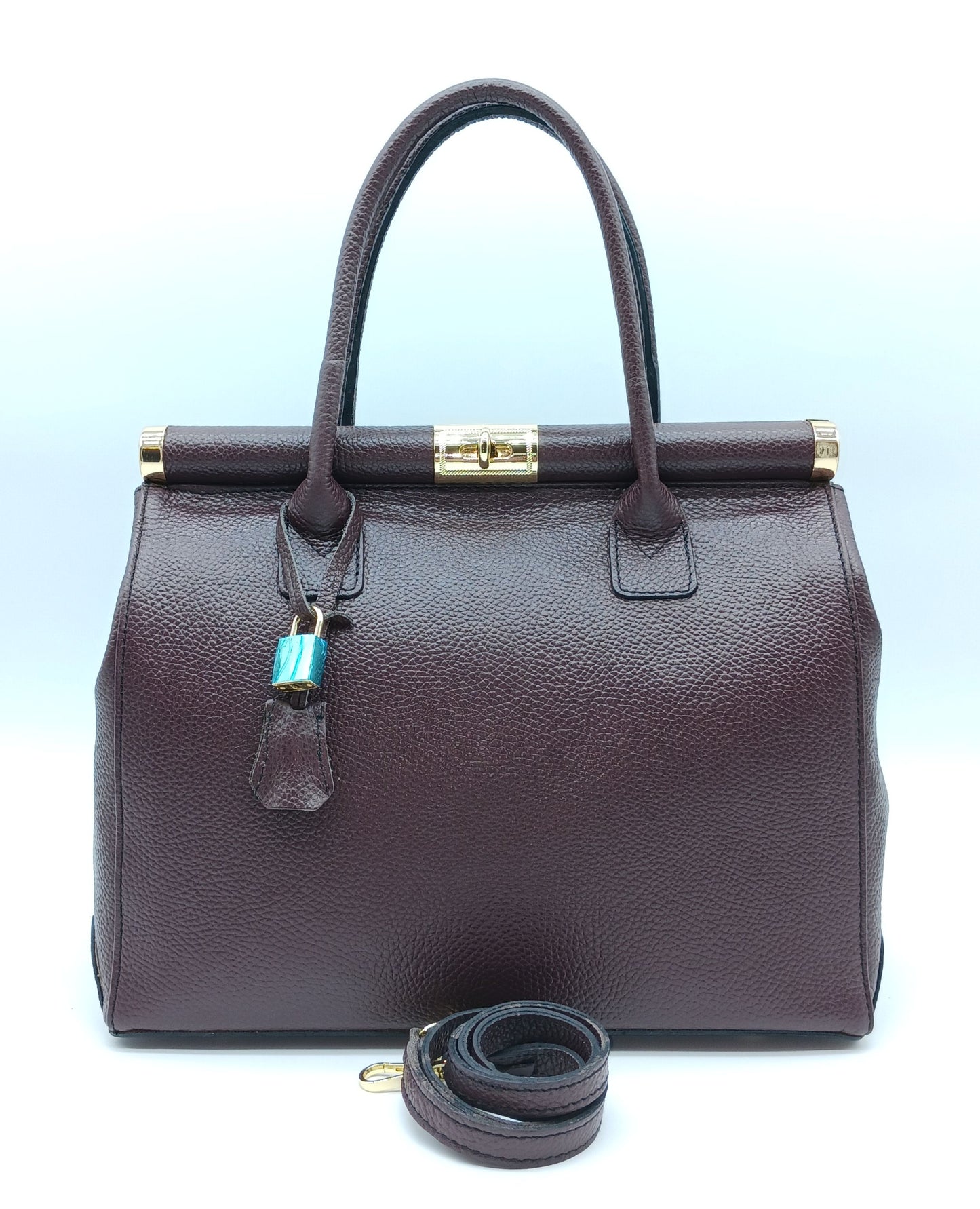Lock & Key Genuine (Treated) Pebble Leather Handbag Satchel - Bordeaux – Made In Italy