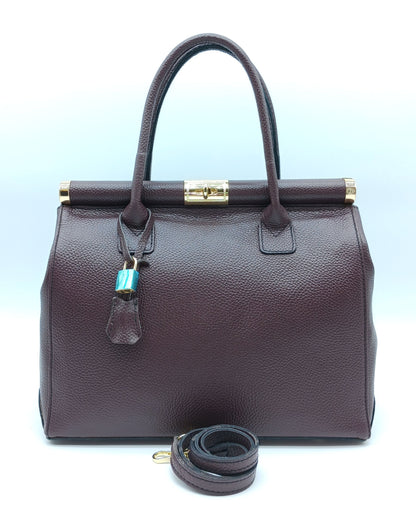 Lock & Key Genuine (Treated) Pebble Leather Handbag Satchel - Bordeaux – Made In Italy