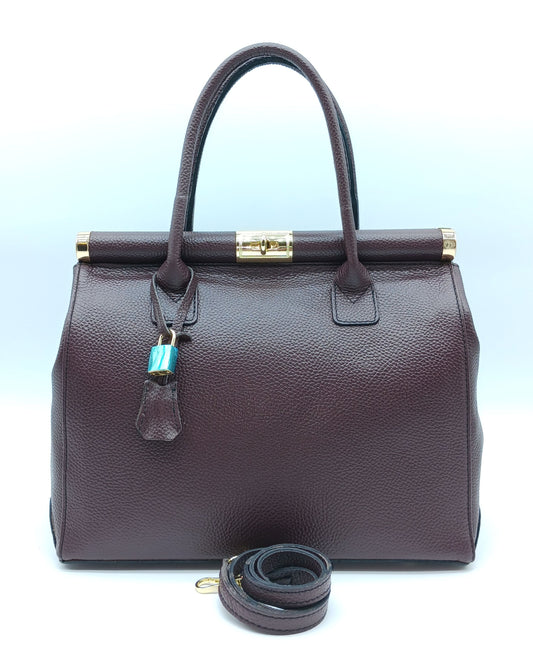 Lock & Key Genuine (Treated) Pebble Leather Handbag Satchel - Bordeaux – Made In Italy