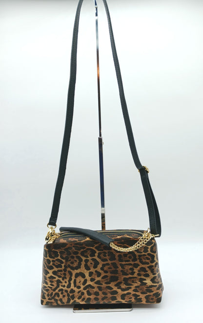 Italian Genuine Leather Metallic Bronze Leopard Crossbody Handbag – Made In Italy