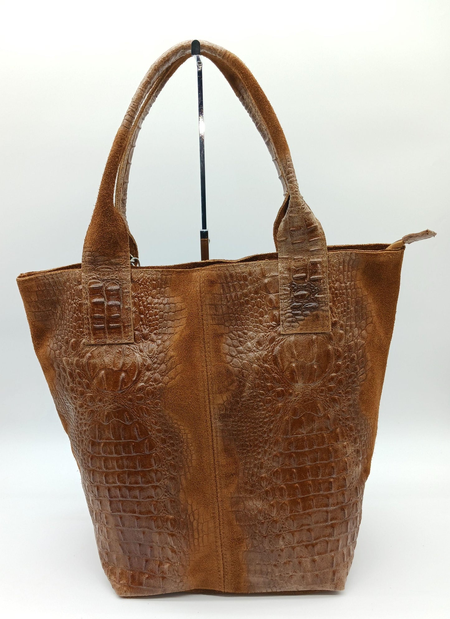 Genuine Leather & Suede Croc Embossed XL Shoulder Bag Tote - Brown – Made In Italy - DumasvilleBoutique