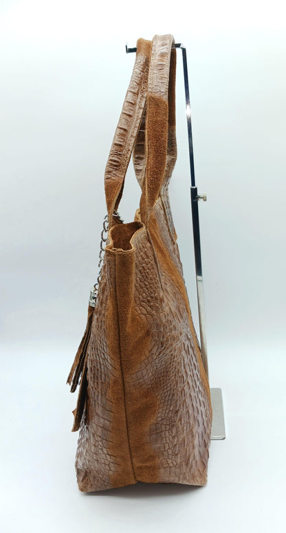 Genuine Leather & Suede Croc Embossed XL Shoulder Bag Tote - Brown – Made In Italy - DumasvilleBoutique