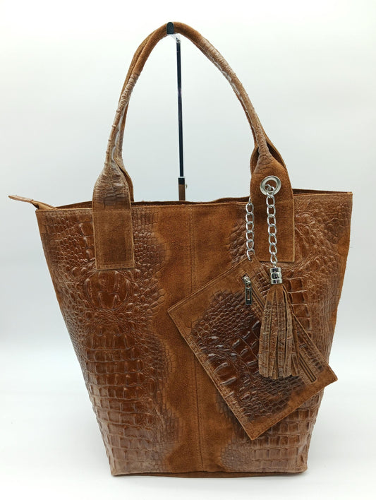 Genuine Leather & Suede Croc Embossed XL Shoulder Bag Tote - Brown – Made In Italy - DumasvilleBoutique