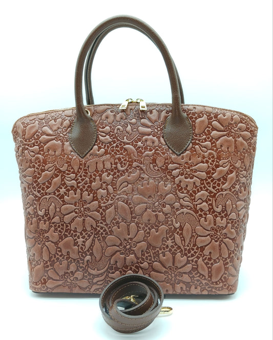 Chocolate Brown Genuine Leather Floral Embossed Handbag Satchel – Made In Italy