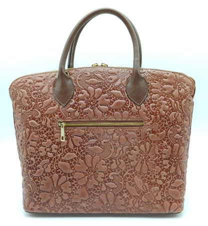 Chocolate Brown Genuine Leather Floral Embossed Handbag Satchel – Made In Italy