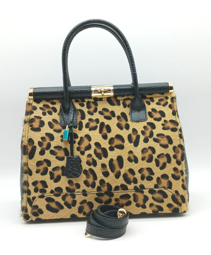 Lock & Key Brown Leopard Fur Black Croc Embossed Genuine Leather Handbag Satchel – Made In Italy