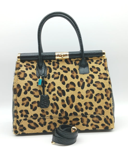 Lock & Key Brown Leopard Fur Black Croc Embossed Genuine Leather Handbag Satchel – Made In Italy