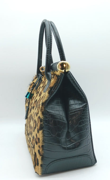 Lock & Key Brown Leopard Fur Black Croc Embossed Genuine Leather Handbag Satchel – Made In Italy
