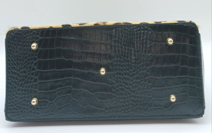 Lock & Key Brown Leopard Fur Black Croc Embossed Genuine Leather Handbag Satchel – Made In Italy