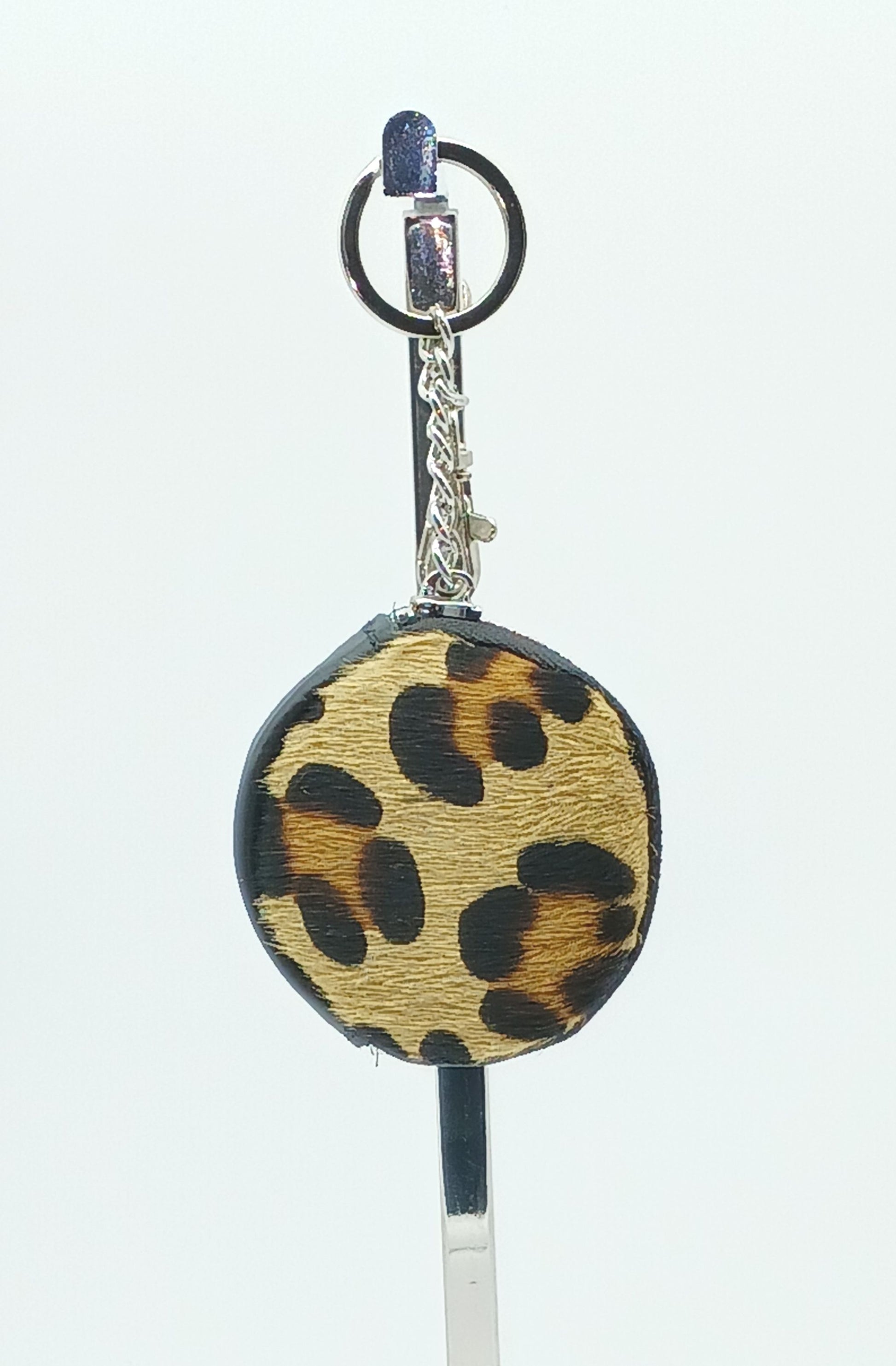 Italian Genuine Leather Pony Fur Coin Purse Key Ring Charm - Brown Leopard - DumasvilleBoutique