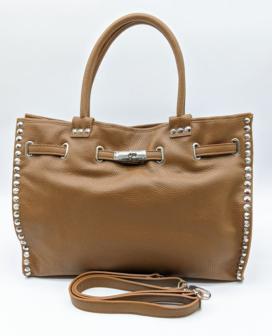 Genuine Pebble Leather Studded Satchel - Brown – Made In Italy - DumasvilleBoutique
