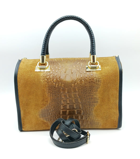 Genuine Suede & Leather Croc Embossed Satchel Handbag - Brown – Made In Italy