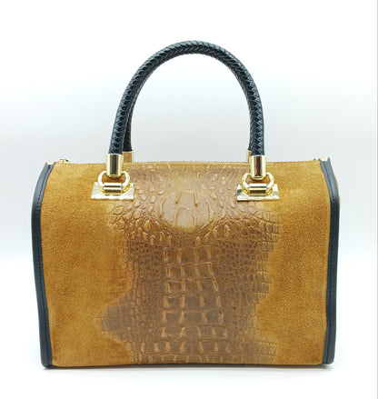 Genuine Suede & Leather Croc Embossed Satchel Handbag - Brown – Made In Italy
