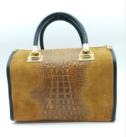 Genuine Suede & Leather Croc Embossed Satchel Handbag - Brown – Made In Italy