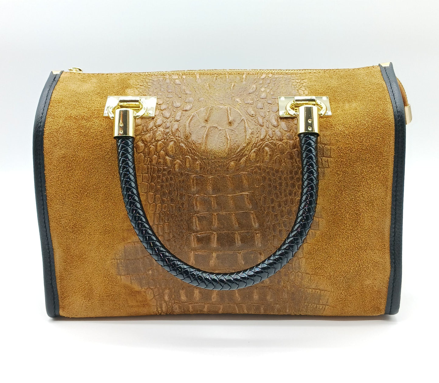 Genuine Suede & Leather Croc Embossed Satchel Handbag - Brown – Made In Italy