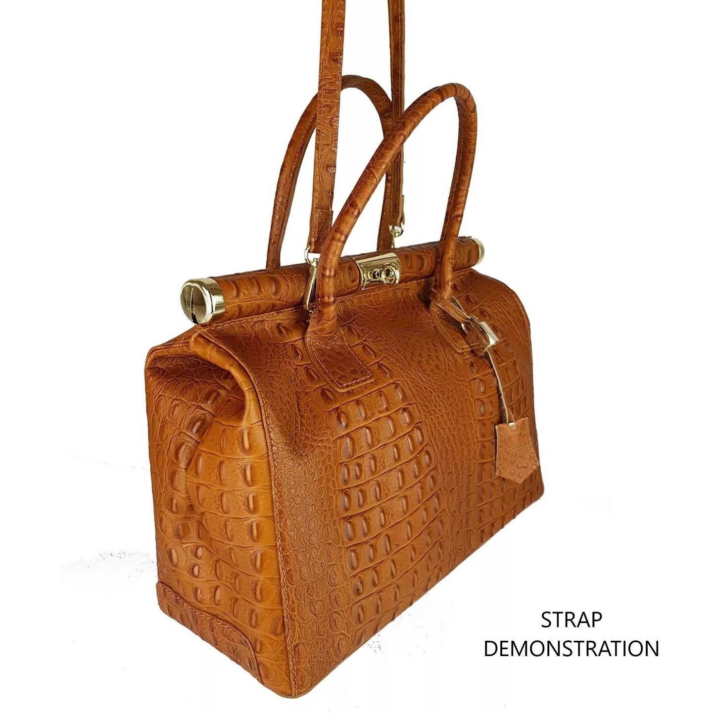 Lock & Key Genuine Pebble Leather Handbag Satchel - Cognac Brown – Made In Italy