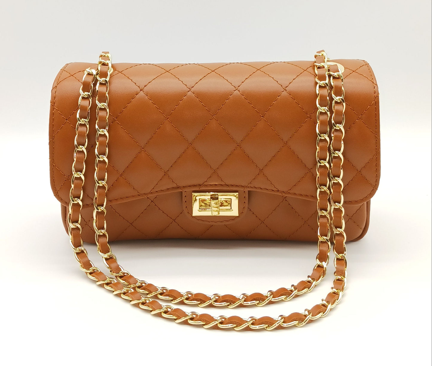 Genuine Leather Quilted Handbag (Medium) – Made In Italy - Cognac Brown