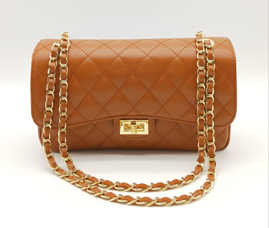 Genuine Leather Quilted Handbag (Medium) – Made In Italy - Cognac Brown