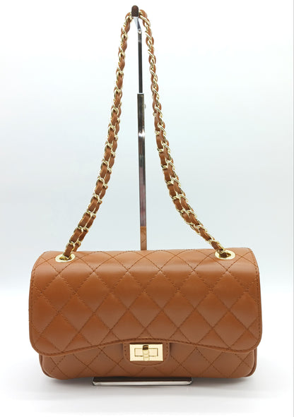 Genuine Leather Quilted Handbag (Medium) – Made In Italy - Cognac Brown