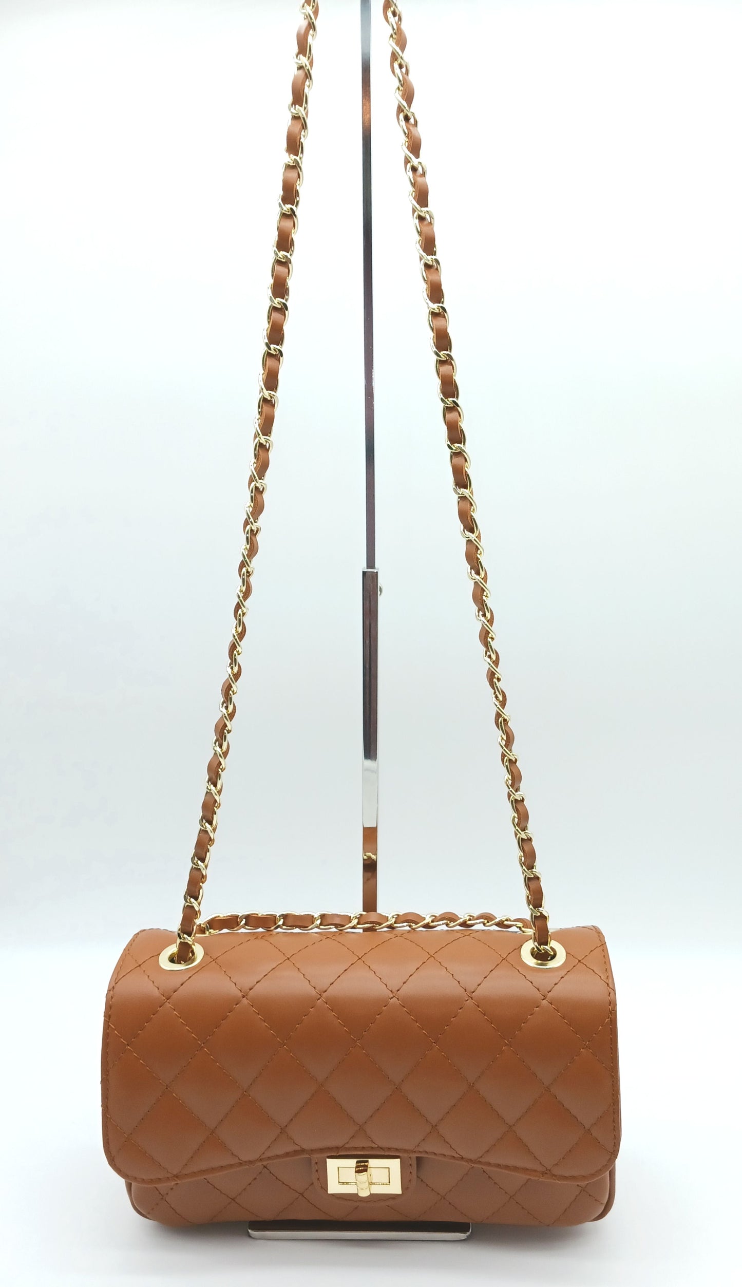 Genuine Leather Quilted Handbag (Medium) – Made In Italy - Cognac Brown