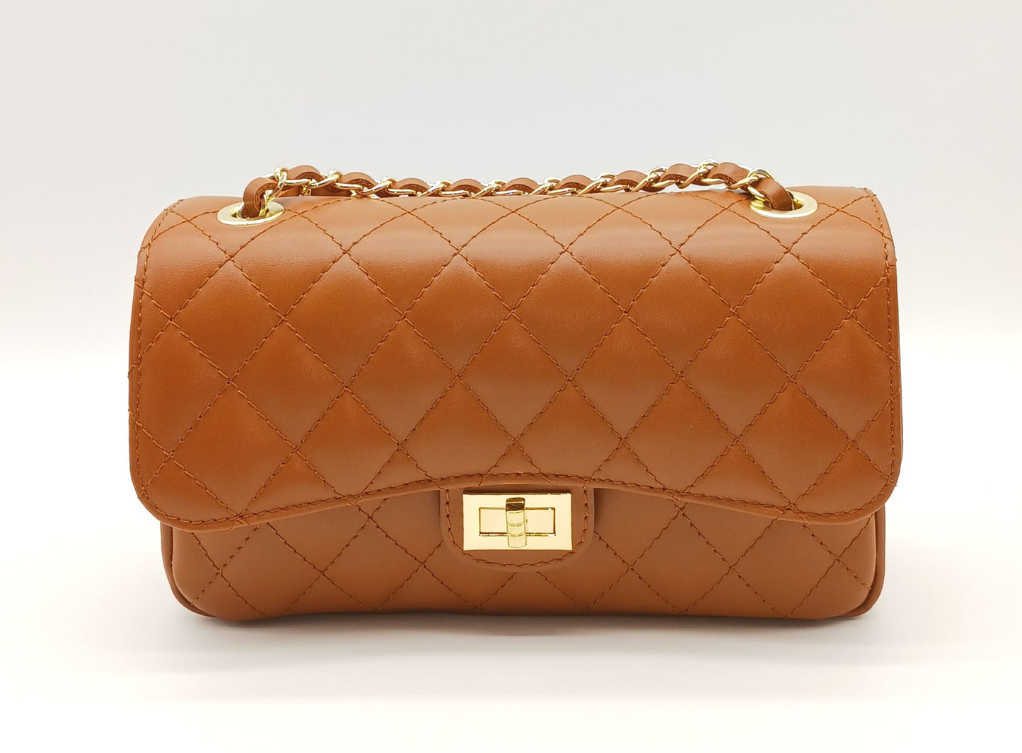 Genuine Leather Quilted Handbag (Medium) – Made In Italy - Cognac Brown